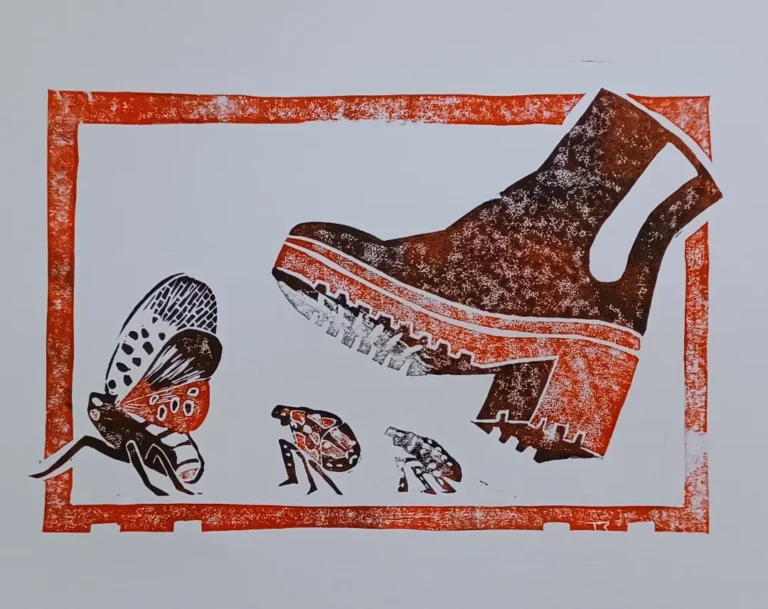 A black boot with a red sole about to step on the three life stages of the Lanternfly.